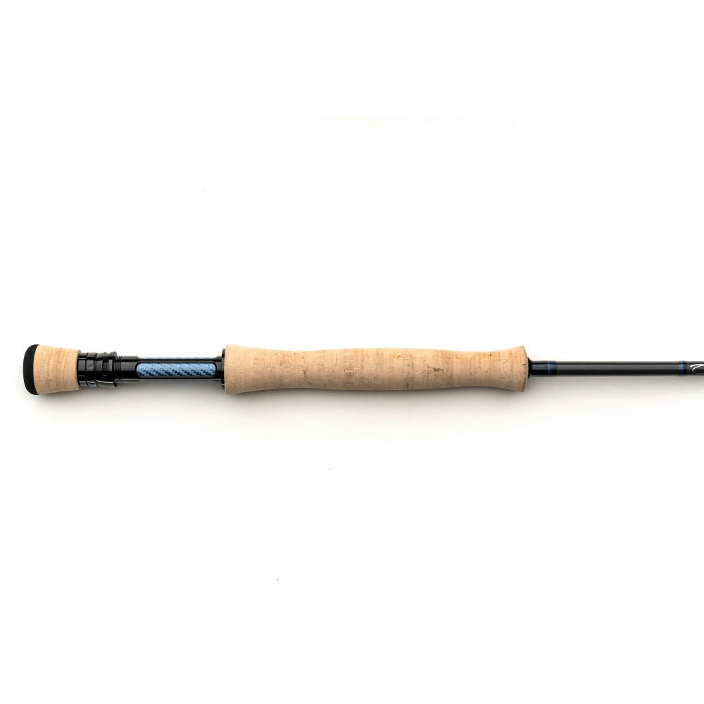 Scott Wave fly rod handle featuring tan cork grip, black reel seat, and blue woven carbon detail
