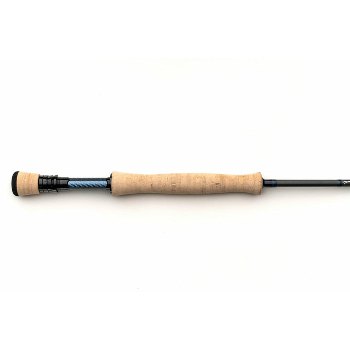 Scott Wave fly rod handle featuring tan cork grip, black reel seat, and blue woven carbon detail