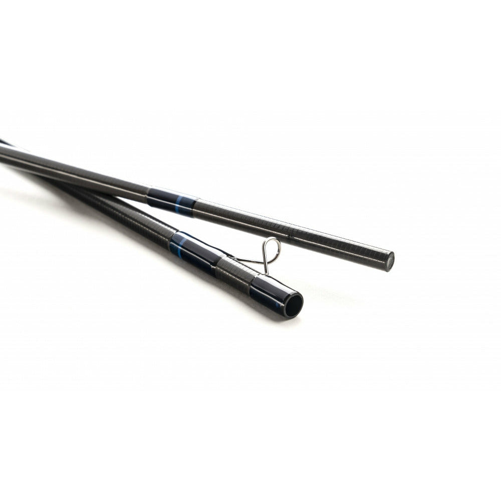 Scott Wave black carbon fiber fly rod tip with blue accent rings and glossy finish