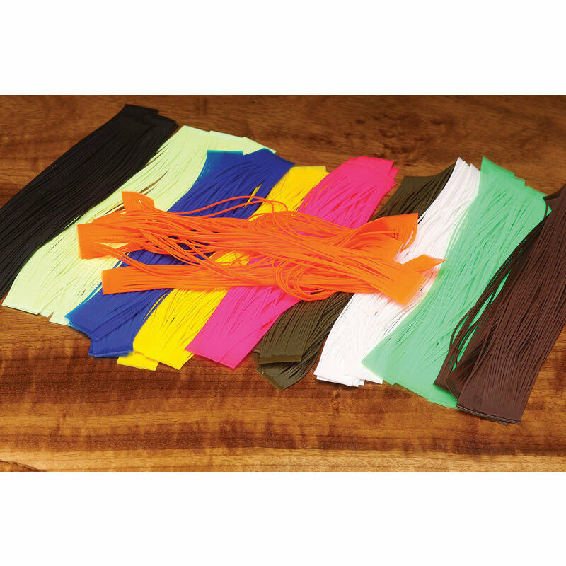 Assorted solid color silicone flutter legs for fly tying in black, neon yellow, blue, pink, and green