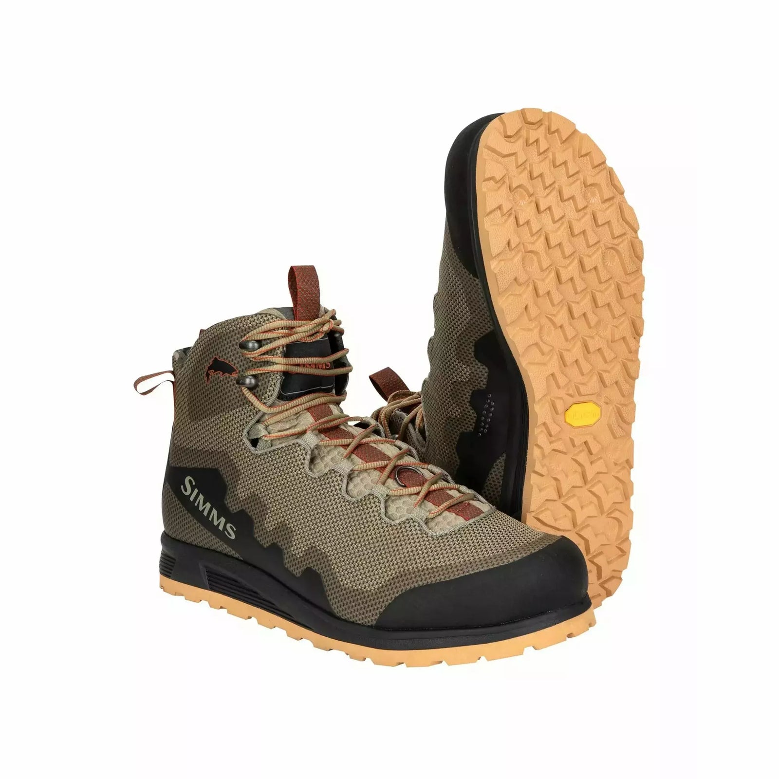 Simms wading boots Vibram Idrogrip Flex tan rubber outsole aggressive tread pattern detail