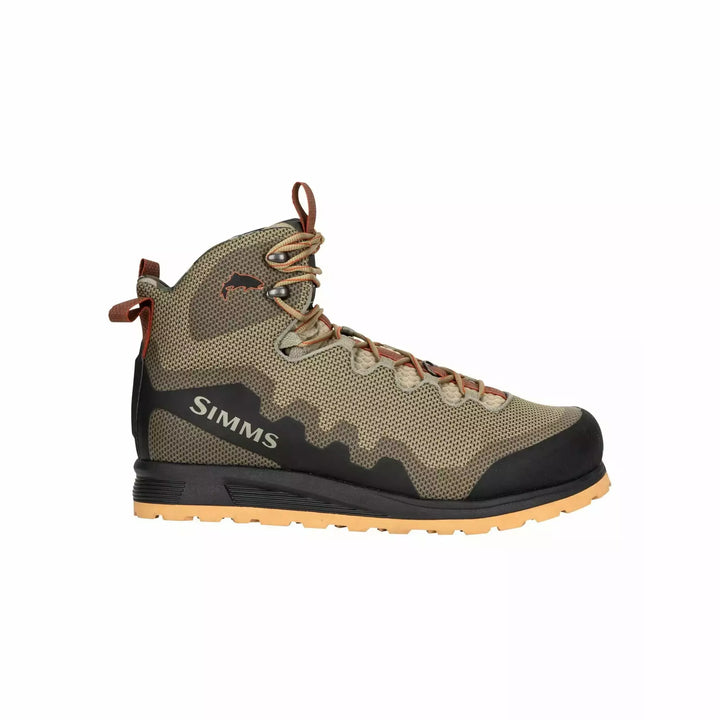 Side view Simms Flyweight wading boot olive camo mesh upper black heel counter logo