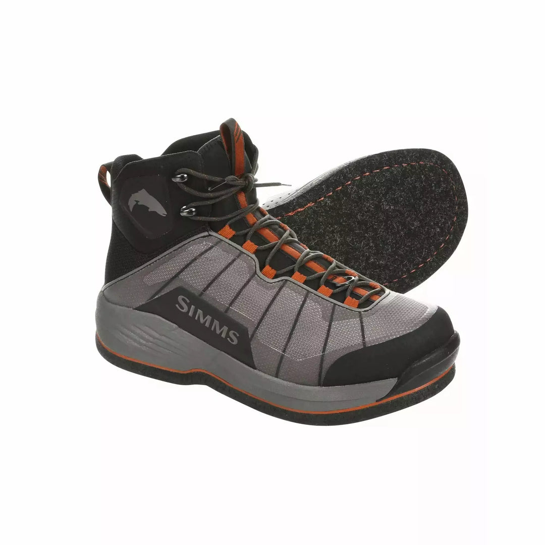 Simms Flyweight wading boots showing grey mesh upper and dark felt sole