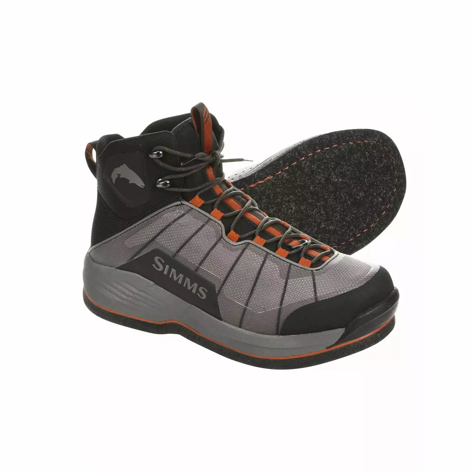 Simms Flyweight wading boots showing grey mesh upper and dark felt sole