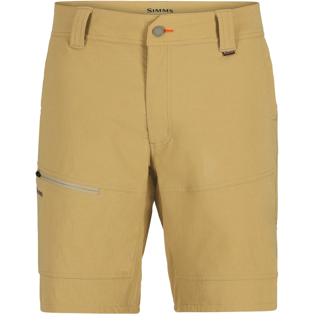 Simms Guide Shorts in Camel with GORE-TEX tag, zippered pocket, and reinforced belt loops