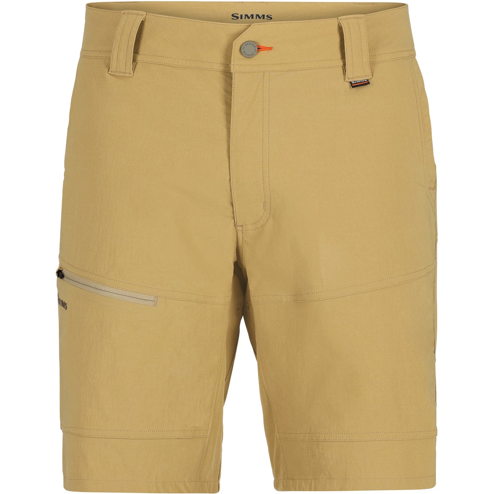 Simms Guide Shorts in Camel with GORE-TEX tag, zippered pocket, and reinforced belt loops