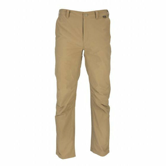 Men's tan Simms Superlight nylon fishing pants with straight-leg cut and belt loops