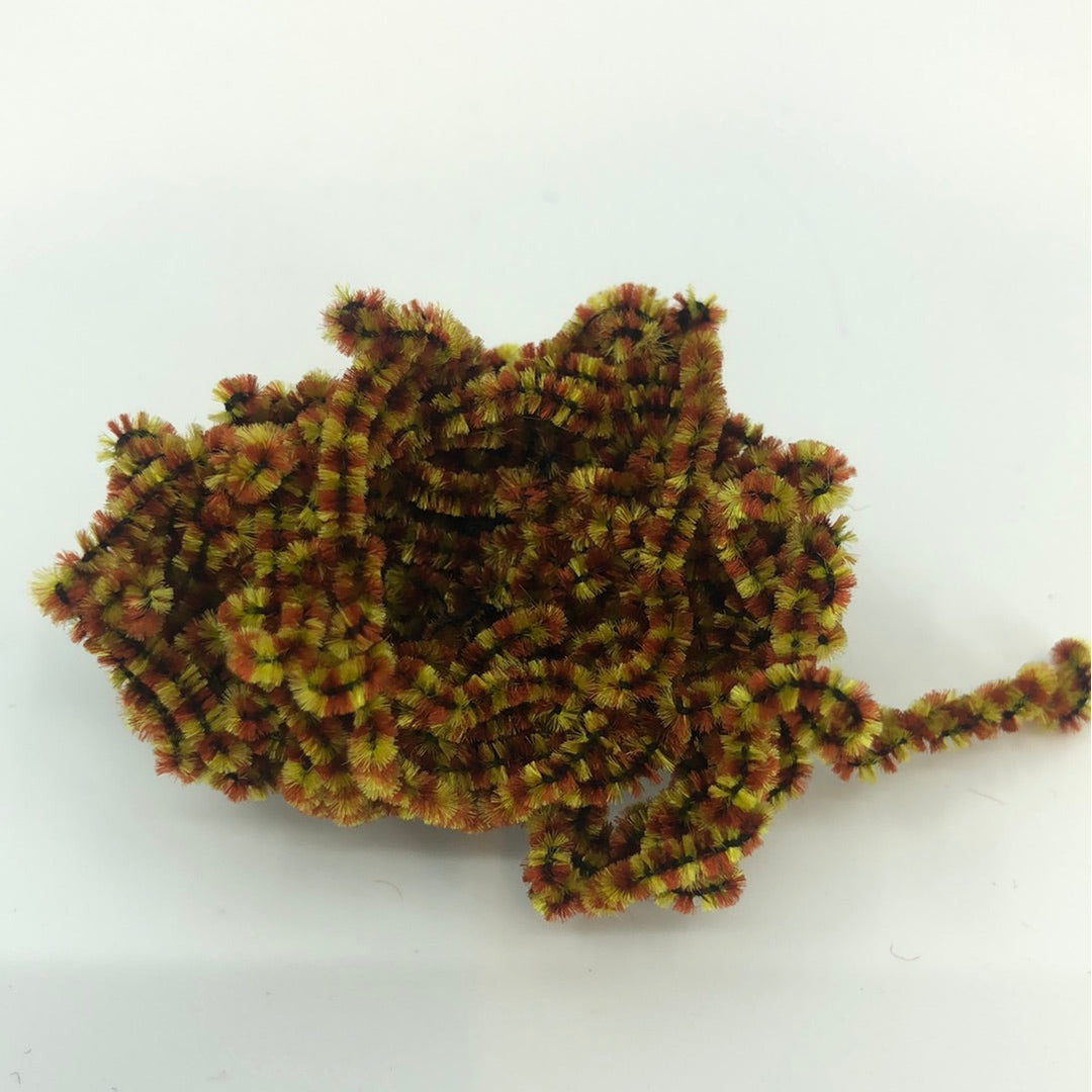Olive green and reddish-brown Stonefly Chenille for fly tying