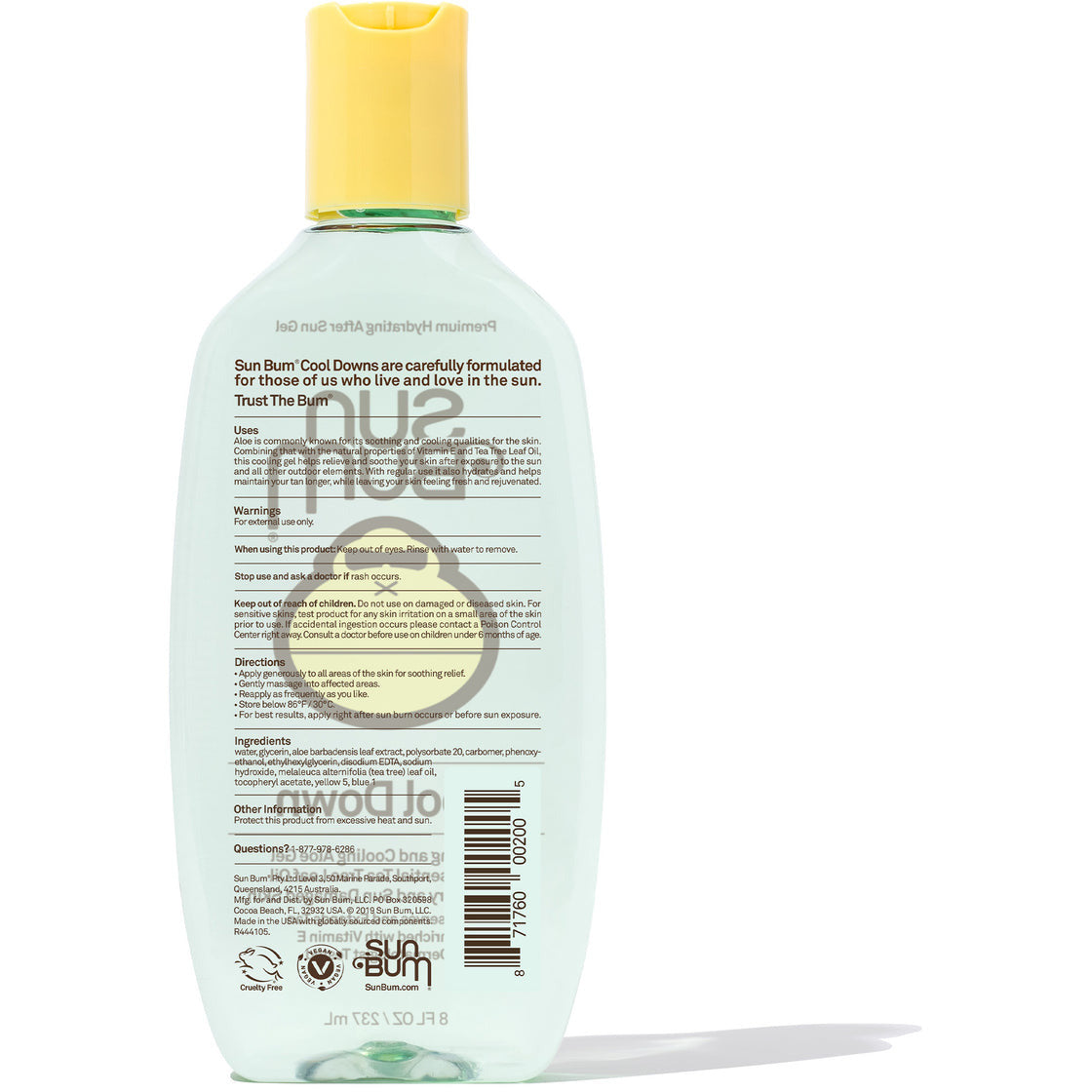 Sun Bum After Sun Gel back label showing ingredients and vegan seal