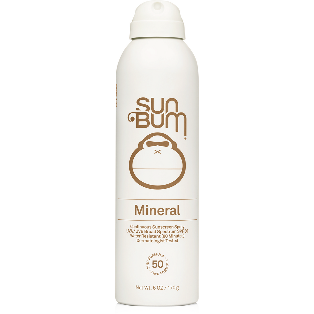 Sun Bum Mineral SPF 50 Sunscreen Spray, white aerosol can with brown logo and monkey face