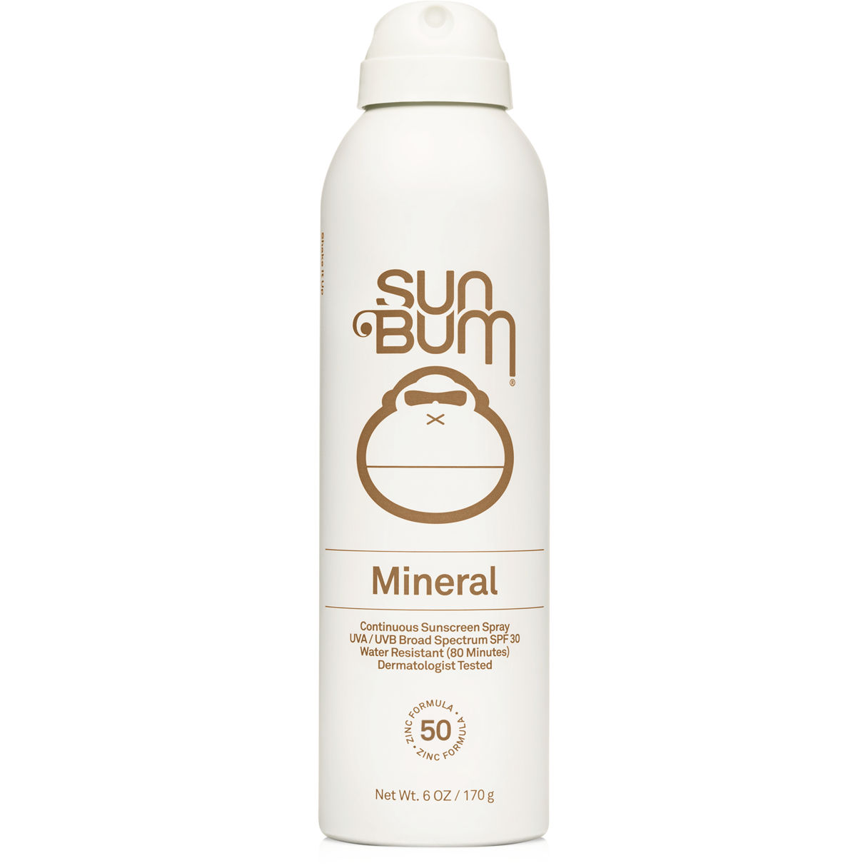 Sun Bum Mineral SPF 50 Sunscreen Spray, white aerosol can with brown logo and monkey face
