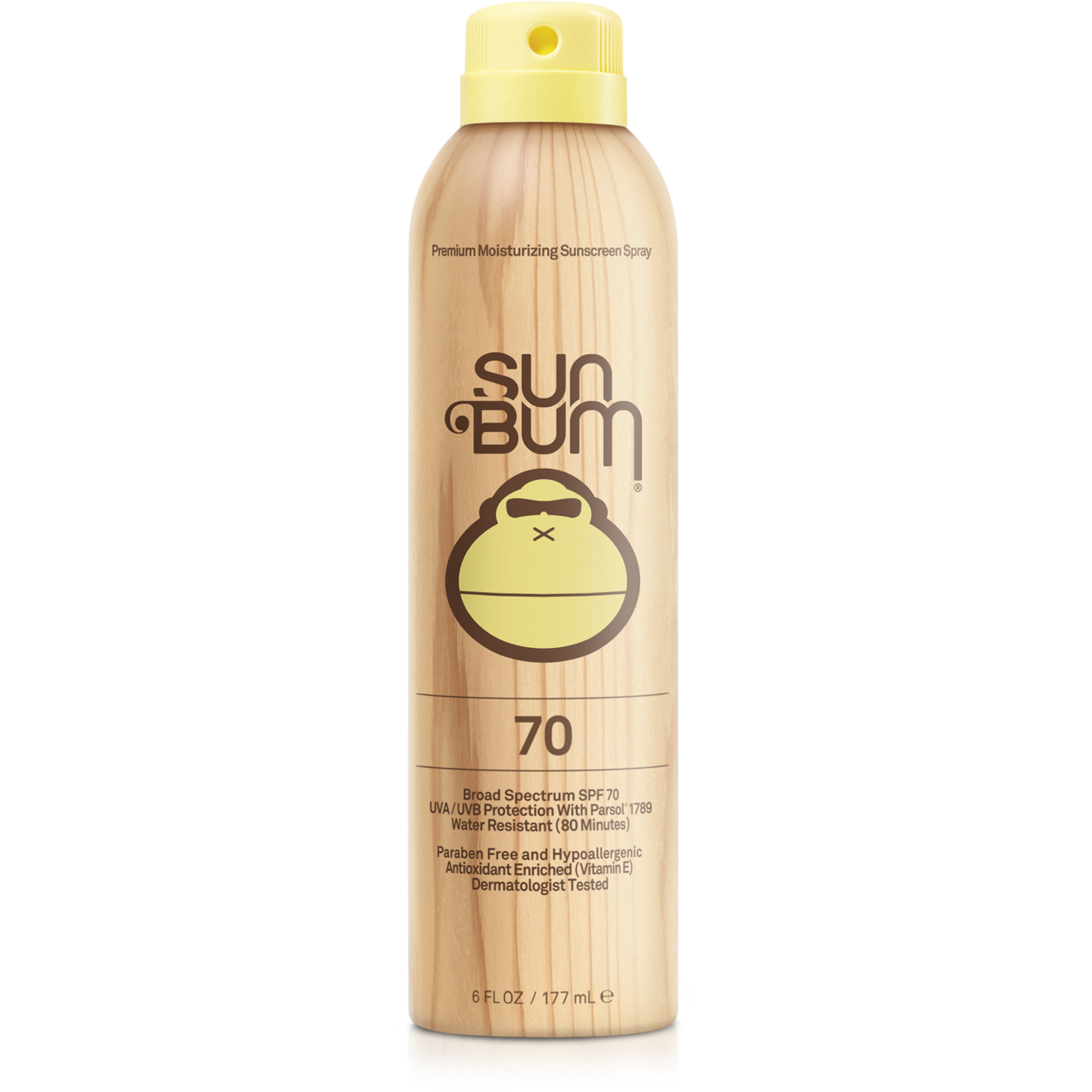 Sun Bum Original Sunscreen Spray SPF 70 in yellow wood-grain can with monkey logo