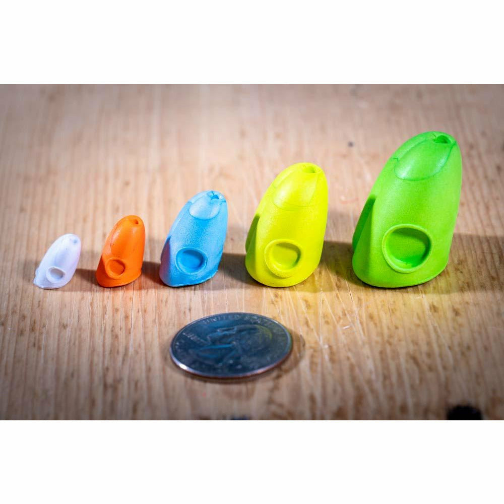 Side view of five colored double barrel popper slider bodies showing circular eye holes and size profile