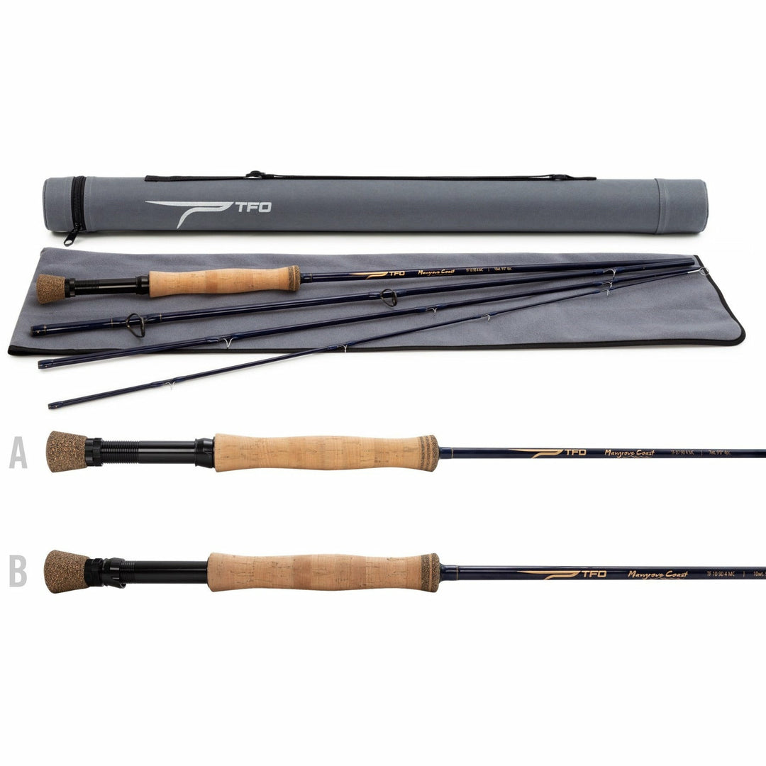 TFO Mangrove Coast EF 10 WT fly rod with cork handle, grey travel tube and sleeve