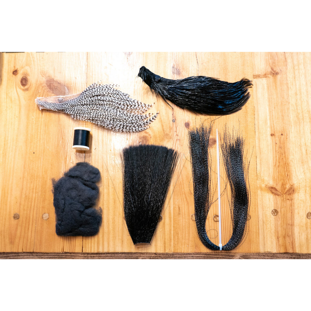 239 Flies Death Metal Mide DIY fly tying kit materials on wood
