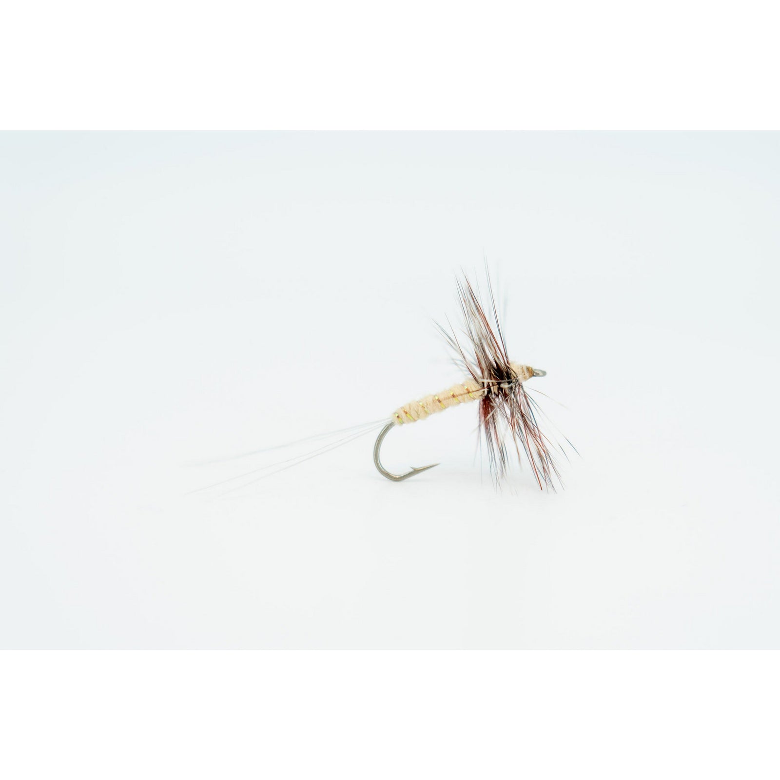 Side view of tied dry fly hook with pale yellow thread body