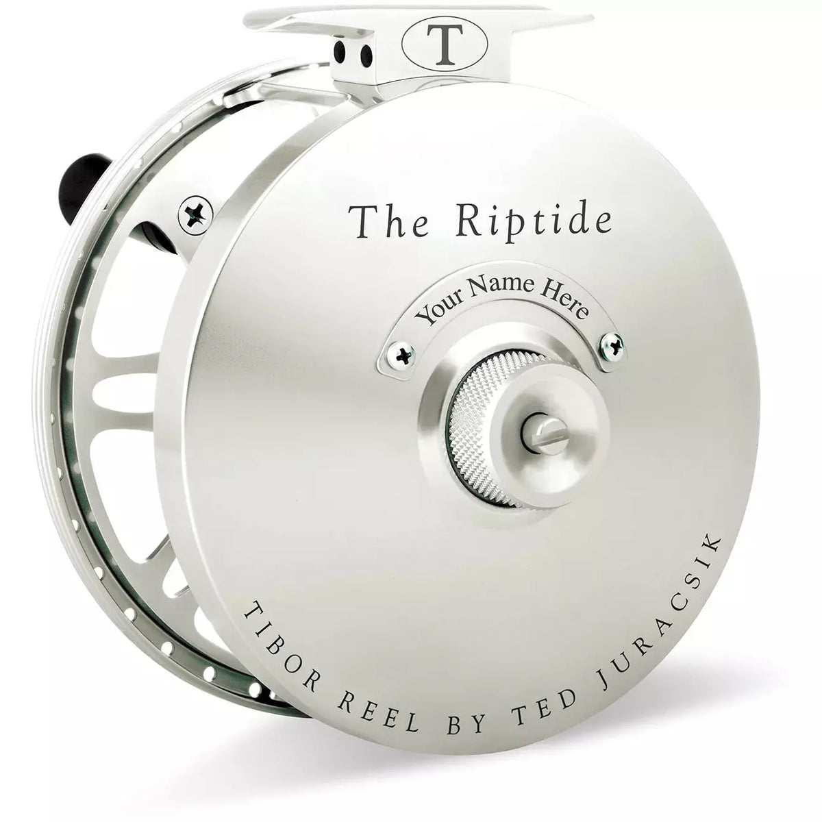 Silver metallic Tibor Riptide fly reel with smooth matte finish and precision engineering