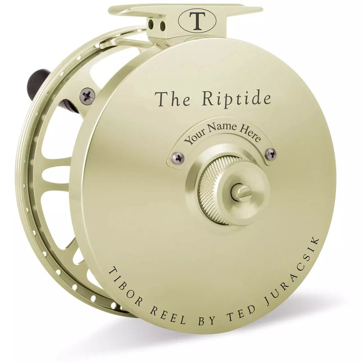 Champagne gold Tibor Riptide fly reel featuring personalized engraving area and metal drag knob