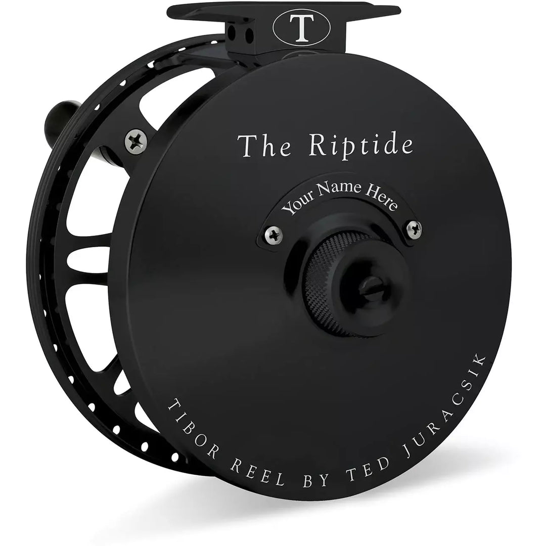 Front view of matte black Tibor Riptide fly reel highlighting &
