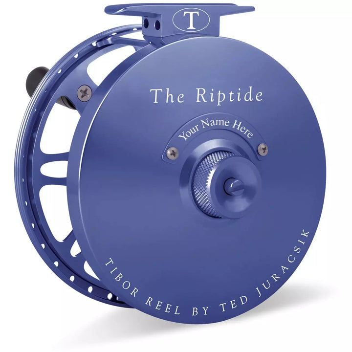 Deep indigo blue Tibor Riptide fly reel with skeletal spool and reliable cork disc drag