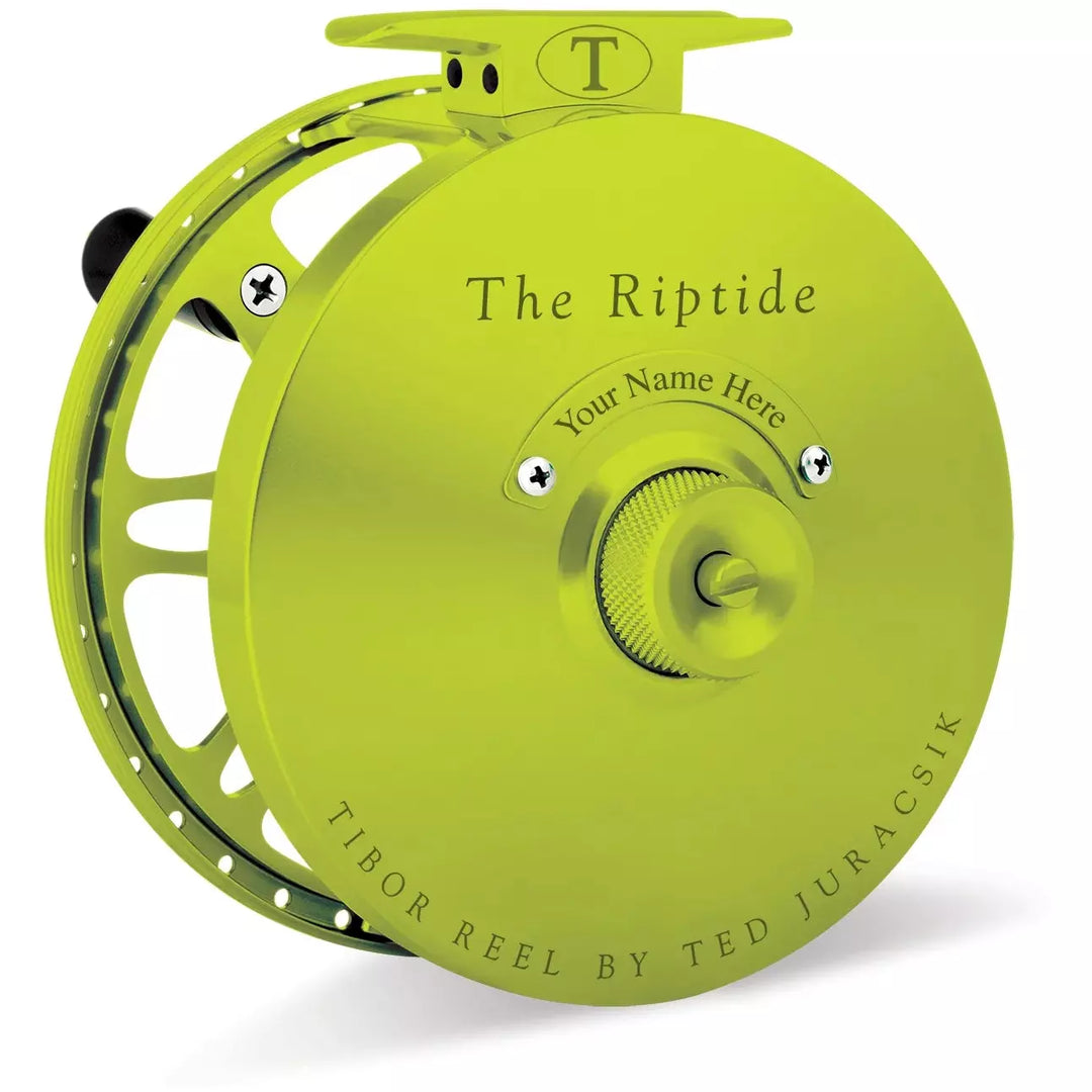 Lime green Tibor Riptide fly reel with knurled drag knob and custom nameplate option