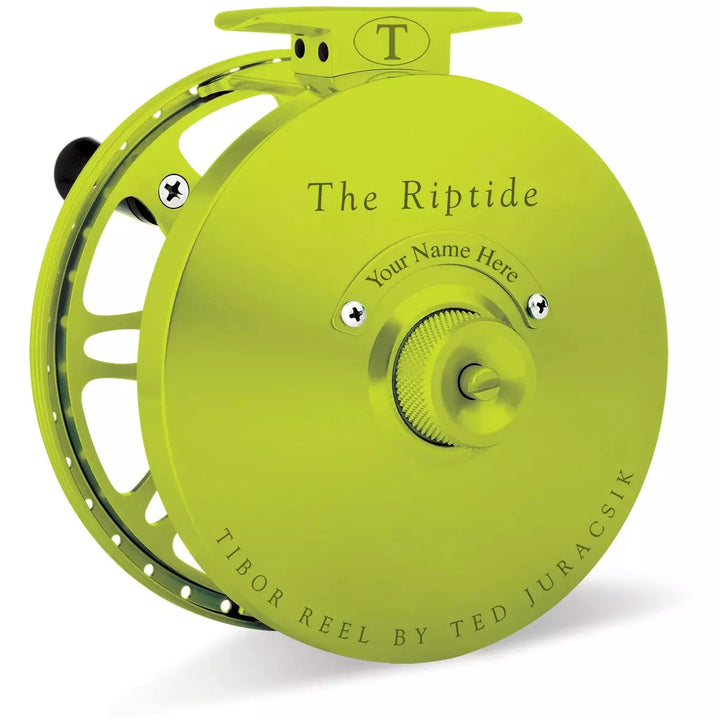 Lime green Tibor Riptide fly reel with knurled drag knob and custom nameplate option