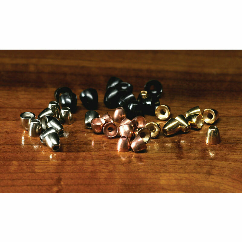 Assorted tungsten fly tying cones in black, silver, copper, and gold with hollow bases