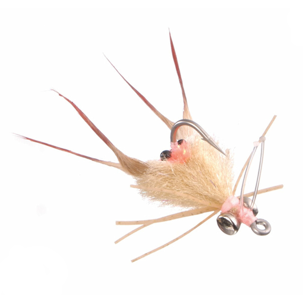 Tan Umpqua Kung Fu Crab fishing fly with rabbit strip body and silver eyes