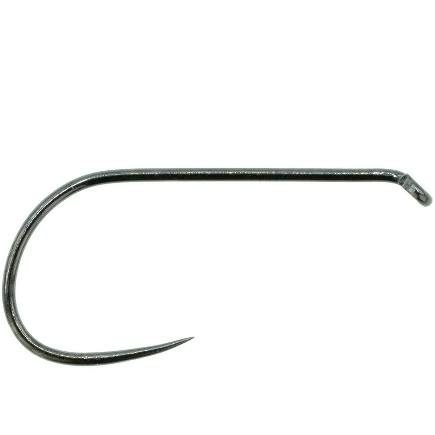 Close-up of Umpqua XC120 barbless fly hook with black nickel finish, upturned eye, and sharp point