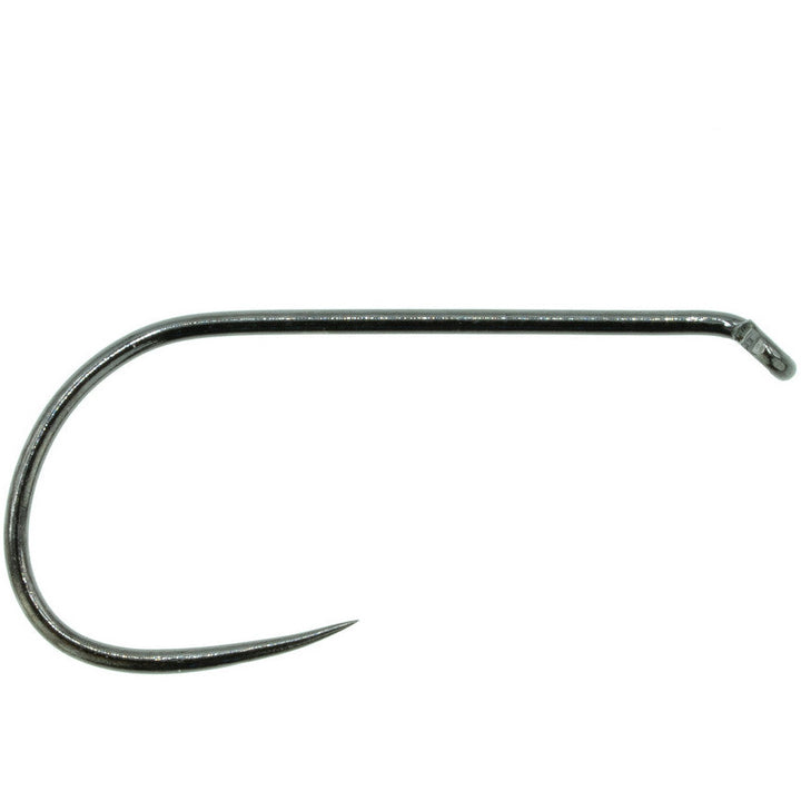 Close-up of Umpqua XC120 barbless fly hook with black nickel finish, upturned eye, and sharp point