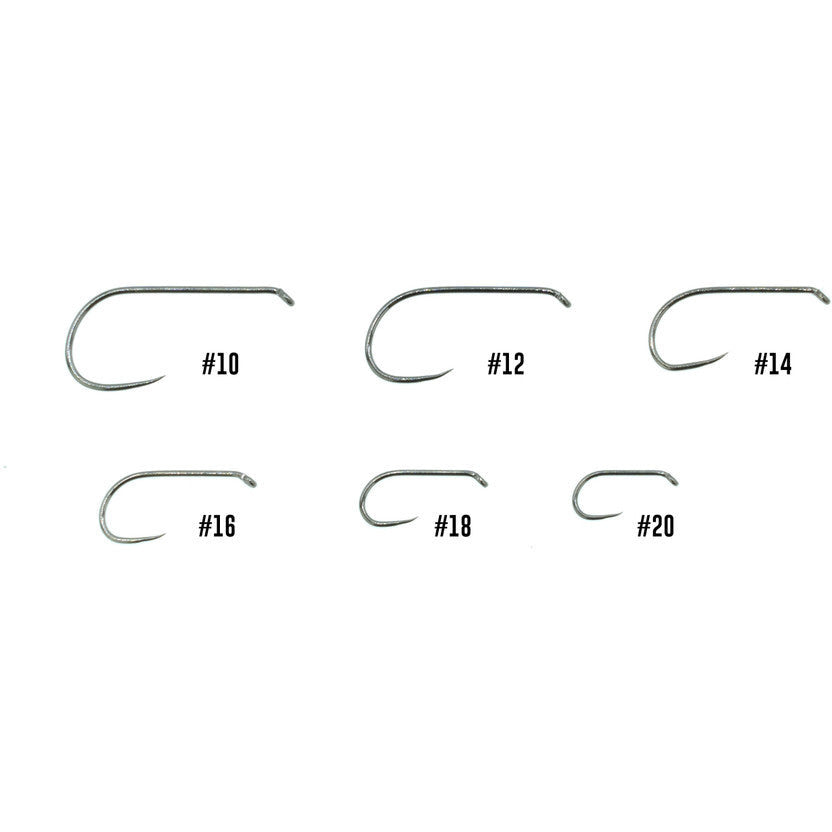 Umpqua XC120 fly hook size comparison chart showing sizes 10 through 20 with upturned eye and wide gape