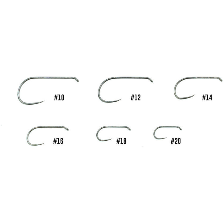Umpqua XC120 fly hook size comparison chart showing sizes 10 through 20 with upturned eye and wide gape