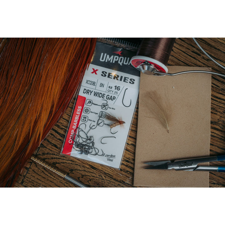Umpqua XC120 BL-BN barbless fly tying hooks in black nickel, size 16, wide gape dry fly hook packaging