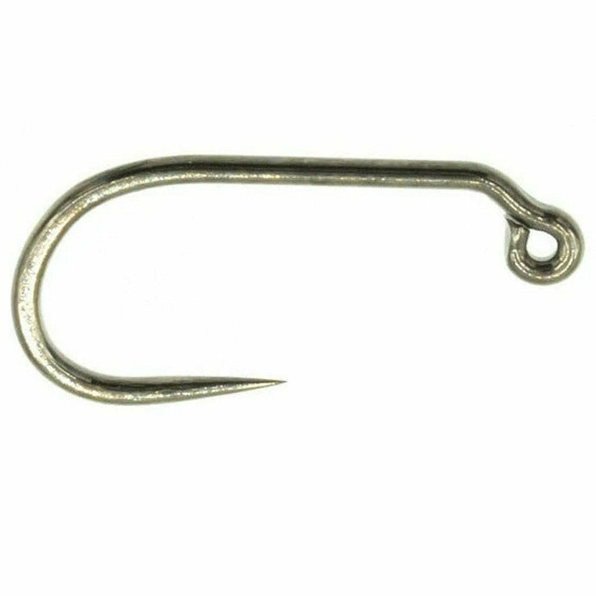 Close-up of Umpqua XC400BN5X barbless jig hook with 60-degree eye and wide gape
