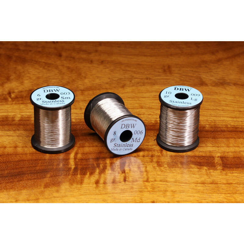 Hareline Dubbin stainless steel fly tying wire spools in small, medium, and large sizes