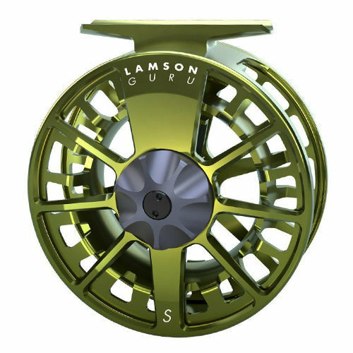 Chartreuse Lamson Guru S fly reel with scalloped edge dark grey drag knob