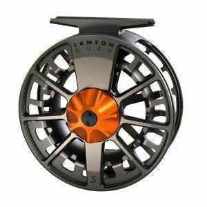 Front view of dark grey Lamson Guru S reel with bright orange drag knob