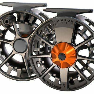 Lamson Guru S fly reel with vibrant orange faceted drag adjustment knob