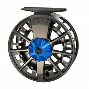 Matte black Lamson Guru S fly reel with blue concentric circle texture knob