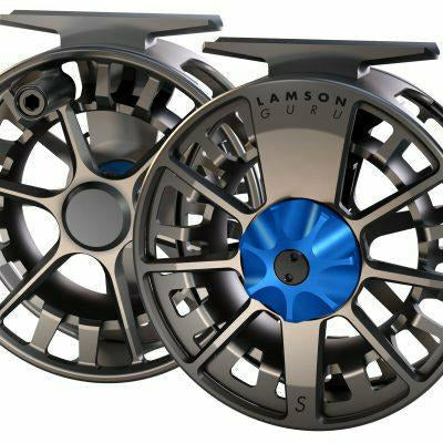 Lamson Guru S fly reel pair showing engraved logo and blue anodized center knob