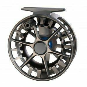 Waterworks-Lamson Guru S fly fishing reel in gunmetal with blue drag knob