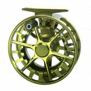 Side view of olive gold Lamson Guru S reel highlighting six-spoke spool design