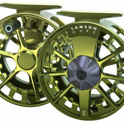 Olive gold Lamson Guru S fly fishing reel with matte grey fluted drag knob