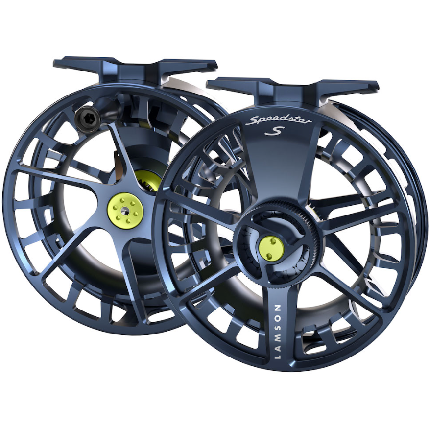 Pair of blue Waterworks-Lamson Speedster S fly reels front and back