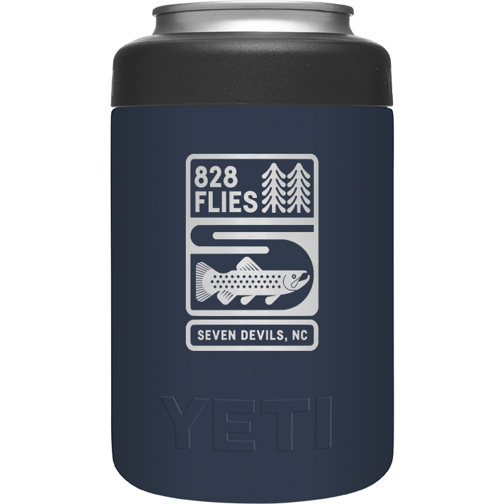 Navy blue Yeti Colster can insulator with 828 Flies Seven Devils NC logo