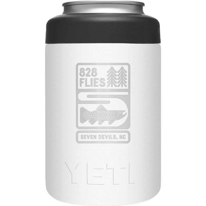 White Yeti Colster can insulator featuring subtle 828 Flies fishing graphic