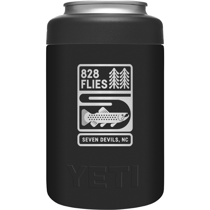 Black Yeti Colster can insulator with high-contrast 828 Flies and fish logo