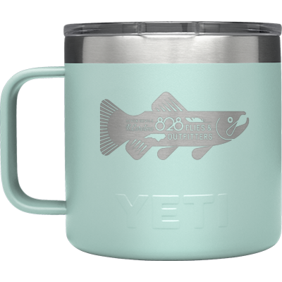 Seafoam green Yeti Rambler 14oz insulated mug featuring Seven Deevils Brothers 828 Flies logo