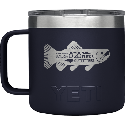 Navy blue Yeti Rambler 14oz mug with mag slider lid and Seven Deevils fly fishing graphic