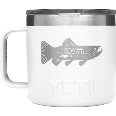 White Yeti Rambler 14oz camp mug with silver Seven Deevils fish graphic and mag slider lid
